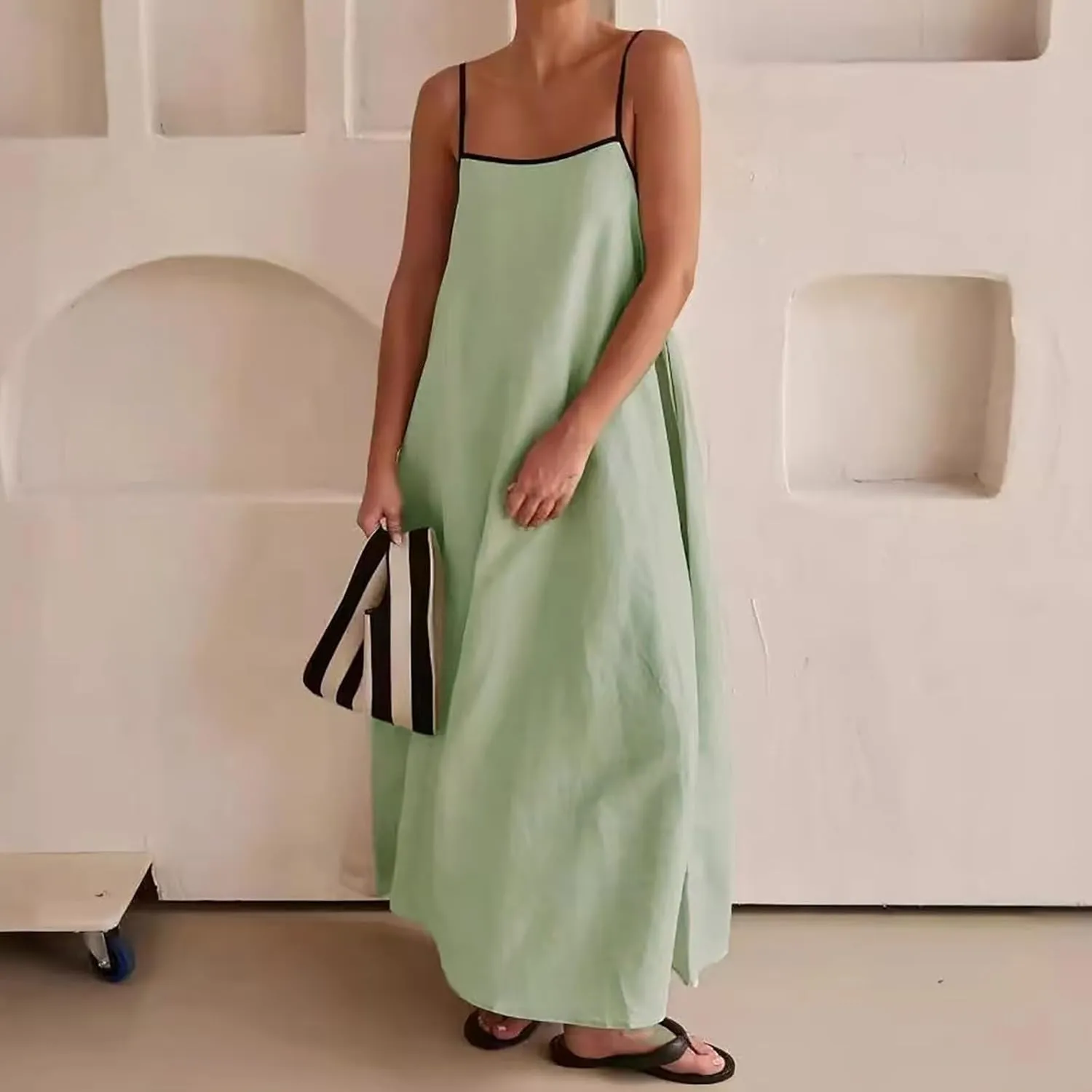 Womens Summer Maxi Dress Contrast Spaghetti Strap Dresses Flowy Sleeveless Backless Sundress Beach Vacation Dresses