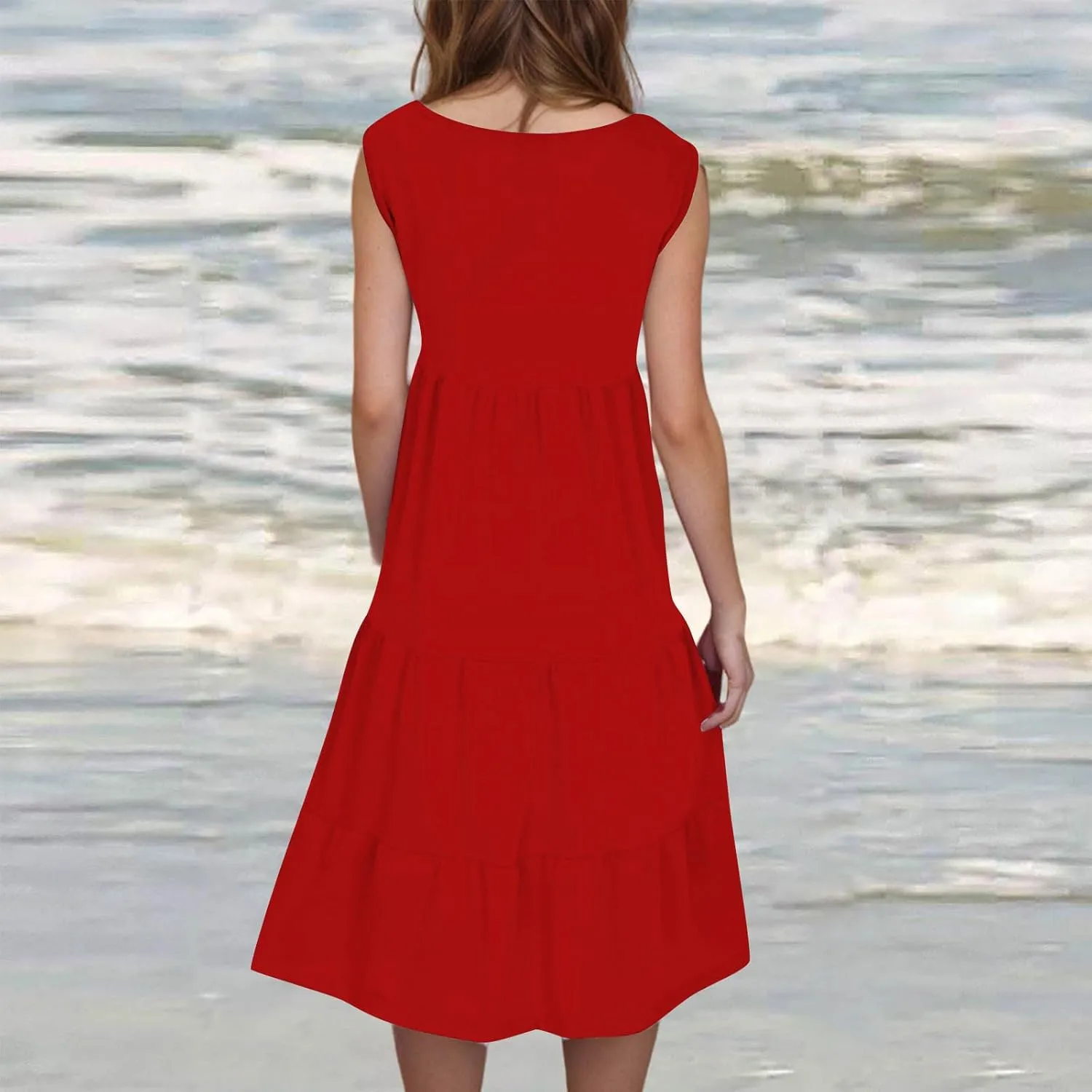 XUNRYAN Womens Tank Dresses Casual Sleeveless Tunic Summer Midi Dress Calf Length Tiered Ruffle Beach Coverup Vacation Outfit
