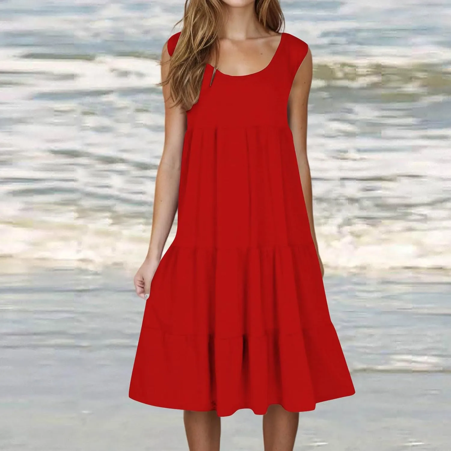 XUNRYAN Womens Tank Dresses Casual Sleeveless Tunic Summer Midi Dress Calf Length Tiered Ruffle Beach Coverup Vacation Outfit