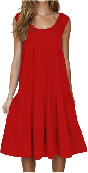 XUNRYAN Womens Tank Dresses Casual Sleeveless Tunic Summer Midi Dress Calf Length Tiered Ruffle Beach Coverup Vacation Outfit