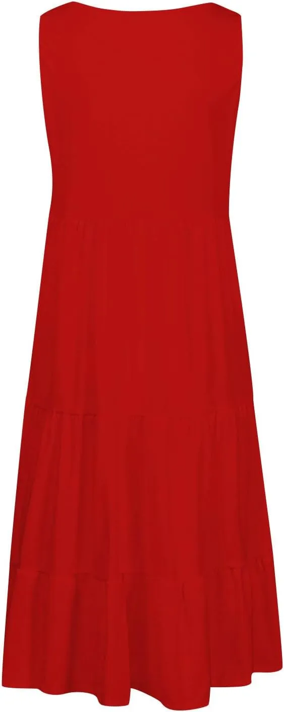 XUNRYAN Womens Tank Dresses Casual Sleeveless Tunic Summer Midi Dress Calf Length Tiered Ruffle Beach Coverup Vacation Outfit
