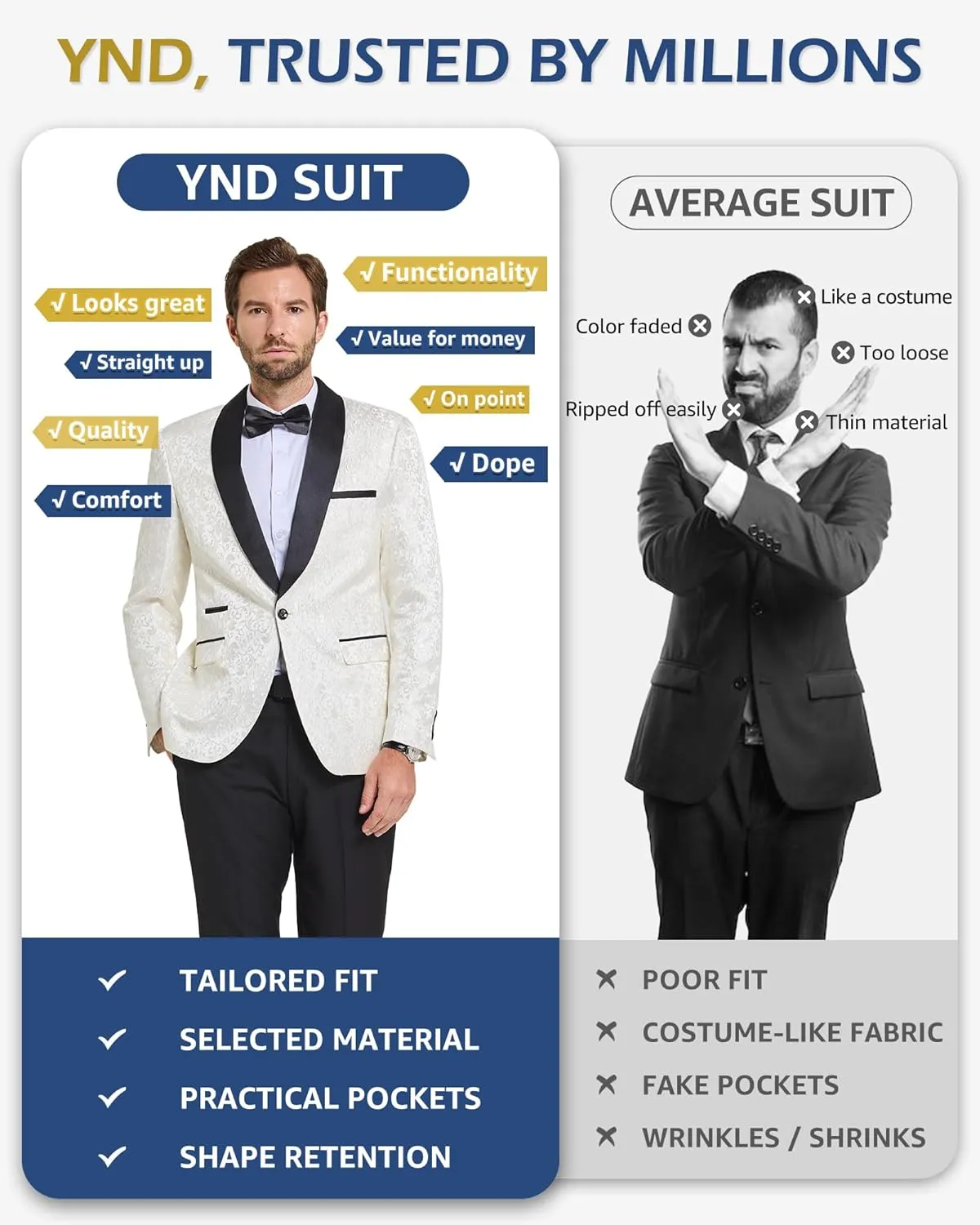 YND Men's 2 Piece Slim Fit Suit Set, One Button Shawl Lapel Floral Pattern Party Blazer, Jacket Pants with Bow Tie