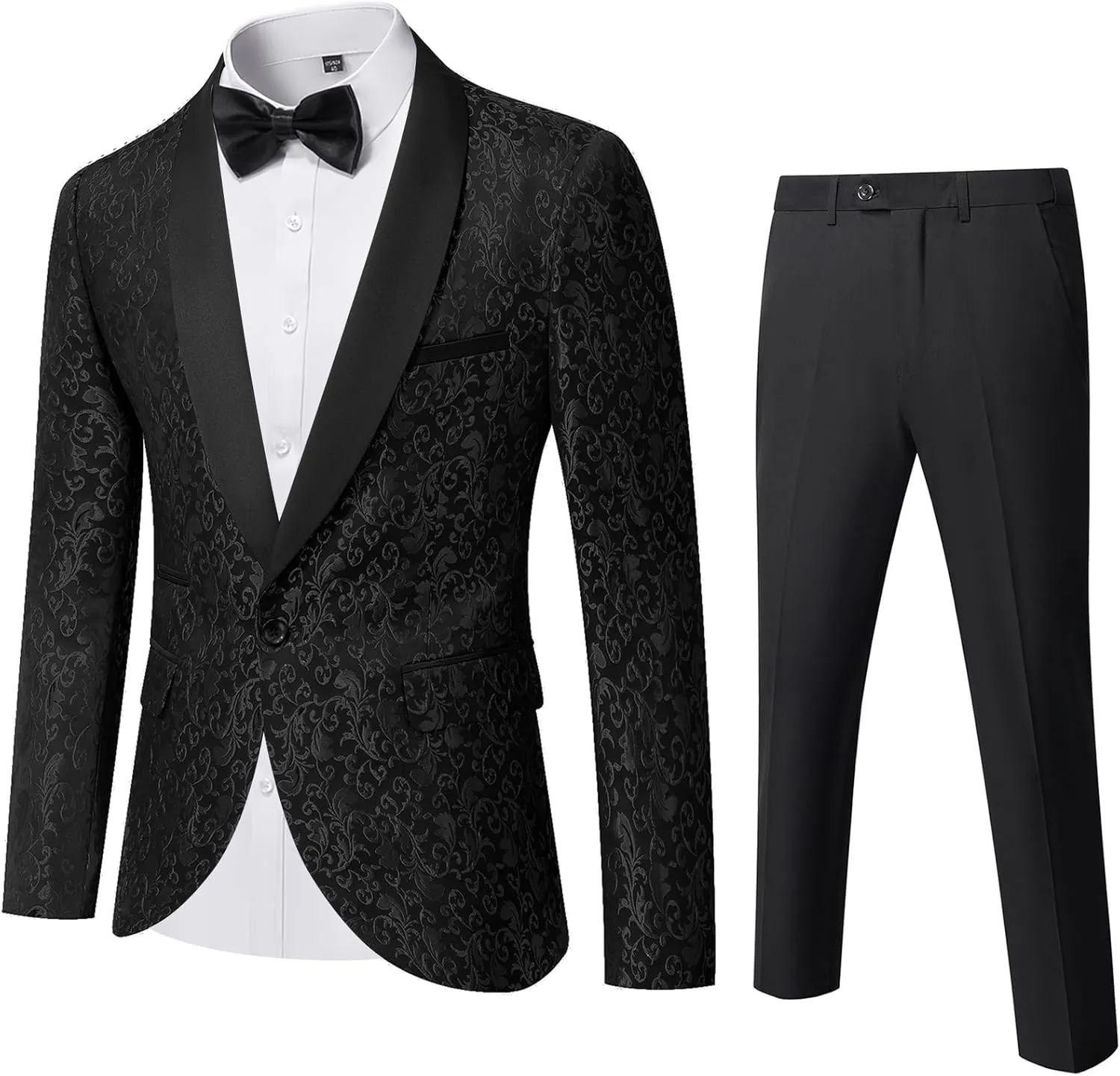 YND Men's 2 Piece Slim Fit Suit Set, One Button Shawl Lapel Floral Pattern Party Blazer, Jacket Pants with Bow Tie