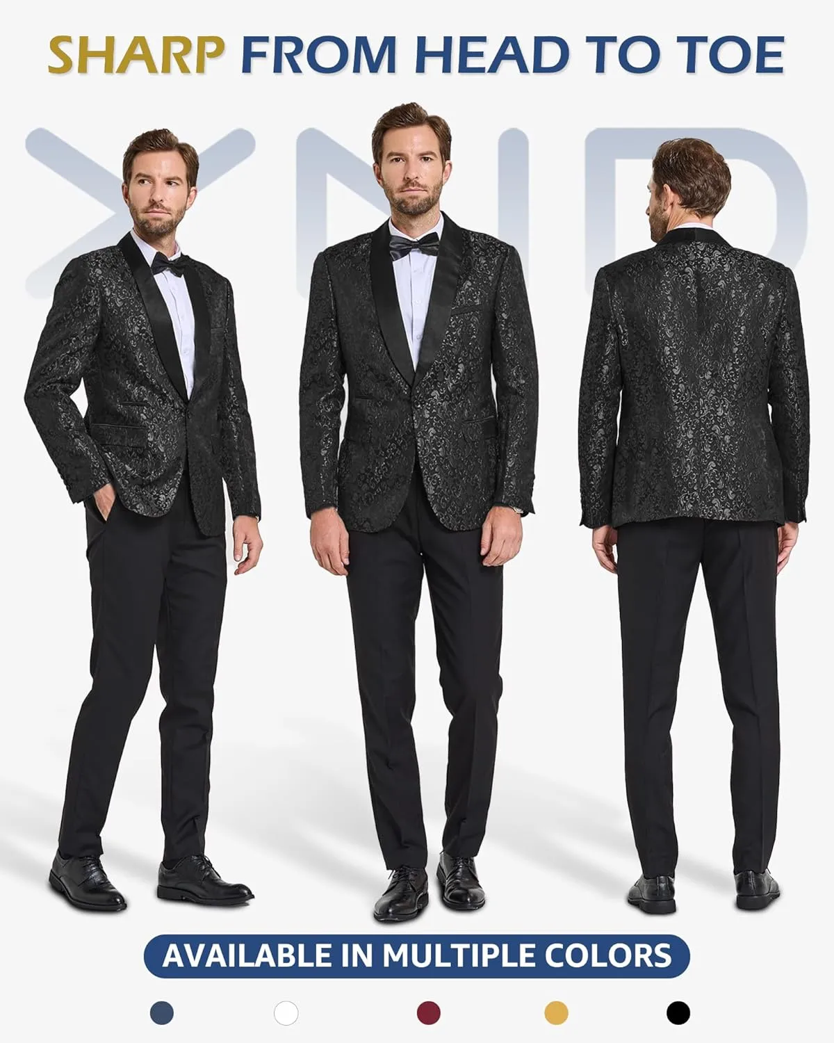 YND Men's 2 Piece Slim Fit Suit Set, One Button Shawl Lapel Floral Pattern Party Blazer, Jacket Pants with Bow Tie