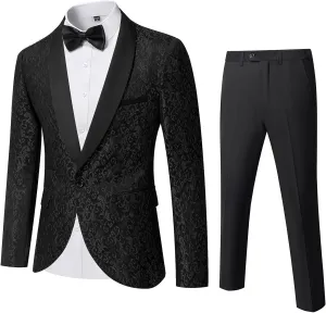 YND Men's 2 Piece Slim Fit Suit Set, One Button Shawl Lapel Floral Pattern Party Blazer, Jacket Pants with Bow Tie