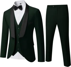 YND Men's 3 Piece Slim Fit Tuxedo Suit Set, One Button Shawl Lapel Solid Blazer, Jacket Vest Pants with Bow Tie