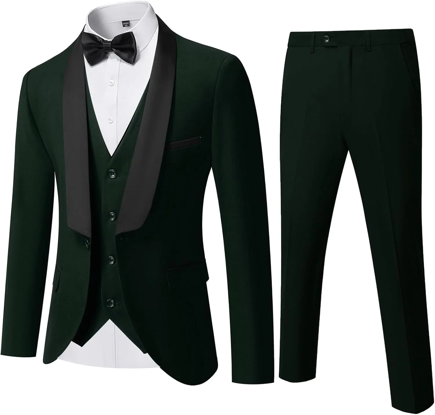 YND Men's 3 Piece Slim Fit Tuxedo Suit Set, One Button Shawl Lapel Solid Blazer, Jacket Vest Pants with Bow Tie