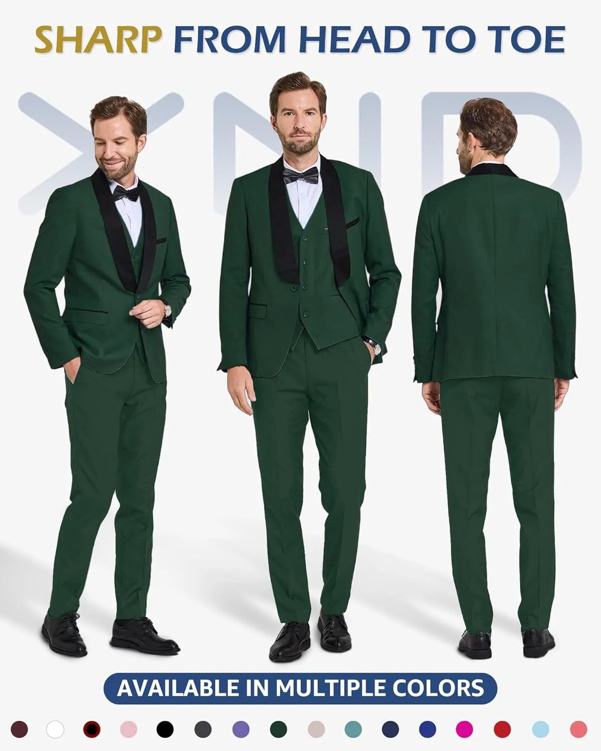 YND Men's 3 Piece Slim Fit Tuxedo Suit Set, One Button Shawl Lapel Solid Blazer, Jacket Vest Pants with Bow Tie