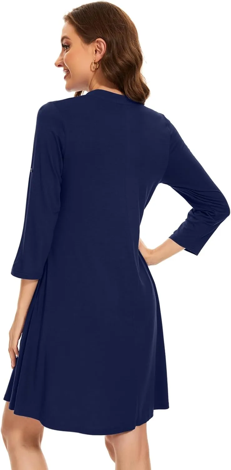 ZENNILO Womens 3/4 Sleeve Dress V Neck Plus Size Tshirt Dress for Women Knee Length with Pockets