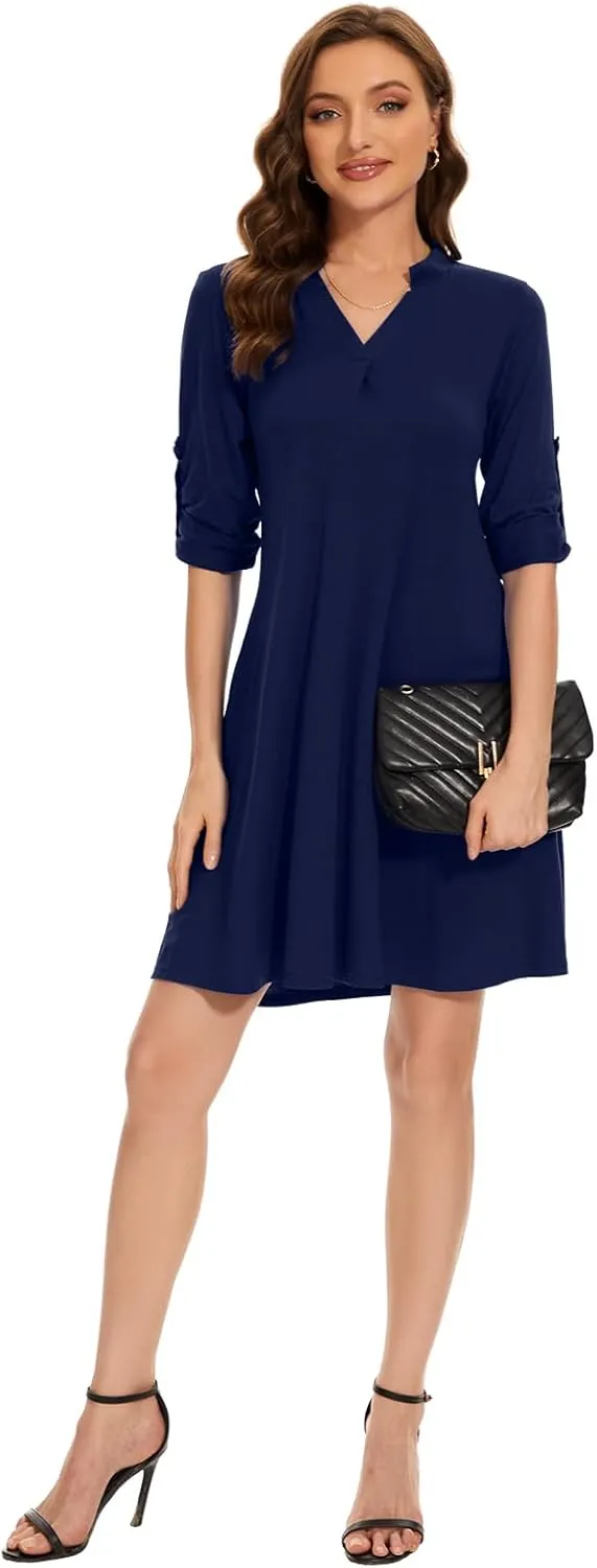 ZENNILO Womens 3/4 Sleeve Dress V Neck Plus Size Tshirt Dress for Women Knee Length with Pockets