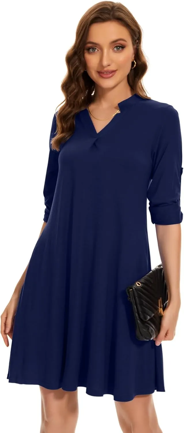 ZENNILO Womens 3/4 Sleeve Dress V Neck Plus Size Tshirt Dress for Women Knee Length with Pockets