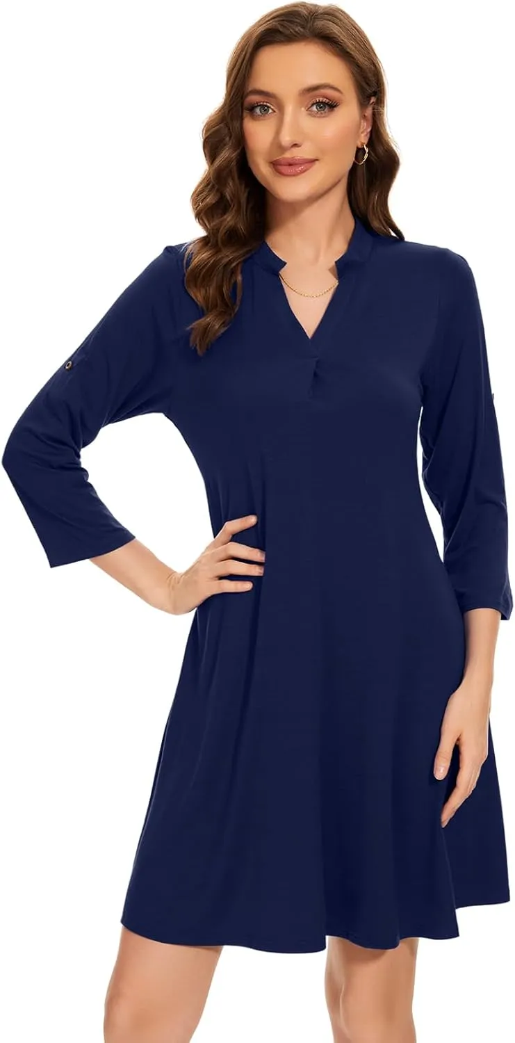 ZENNILO Womens 3/4 Sleeve Dress V Neck Plus Size Tshirt Dress for Women Knee Length with Pockets