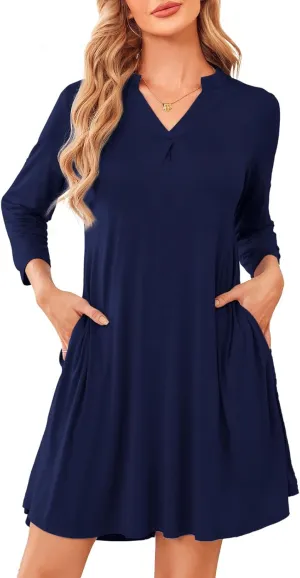 ZENNILO Womens 3/4 Sleeve Dress V Neck Plus Size Tshirt Dress for Women Knee Length with Pockets