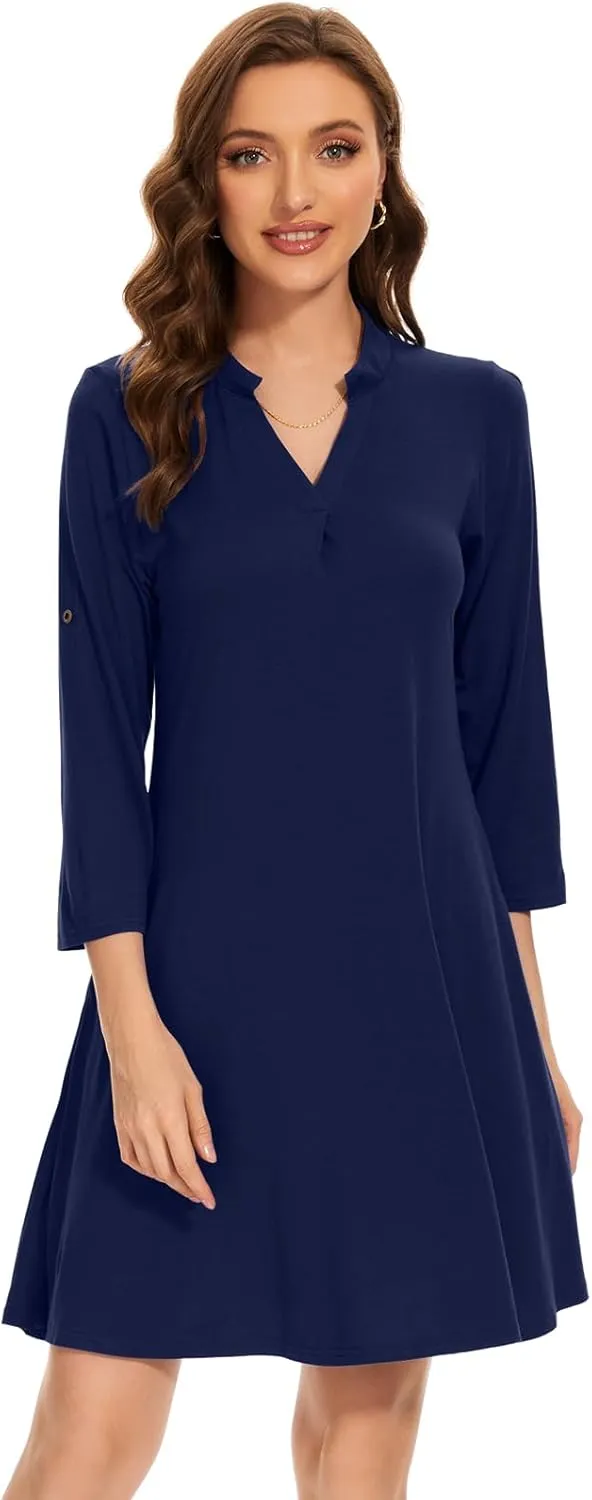 ZENNILO Womens 3/4 Sleeve Dress V Neck Plus Size Tshirt Dress for Women Knee Length with Pockets