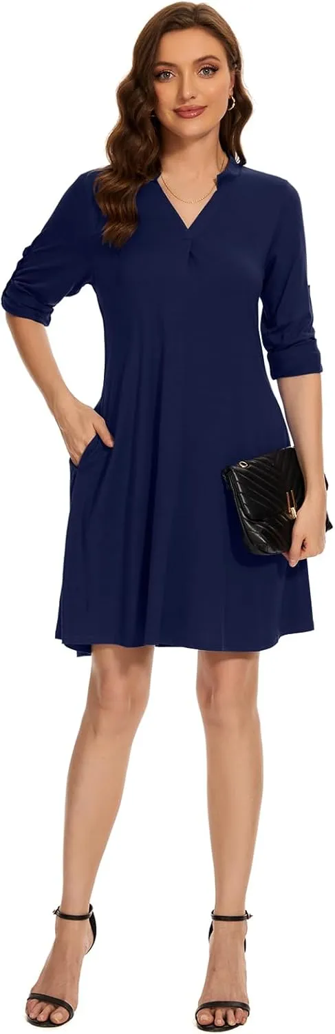 ZENNILO Womens 3/4 Sleeve Dress V Neck Plus Size Tshirt Dress for Women Knee Length with Pockets