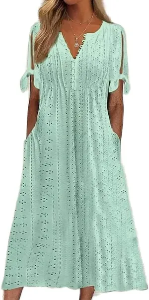 ZOCANIA Womens Boho Eyelet Pastel Dress Button V Neck Tie Knot Short Sleeve Vacation Beach Midi Dresses with Pockets