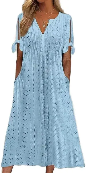 ZOCANIA Womens Boho Eyelet Pastel Dress Button V Neck Tie Knot Short Sleeve Vacation Beach Midi Dresses with Pockets
