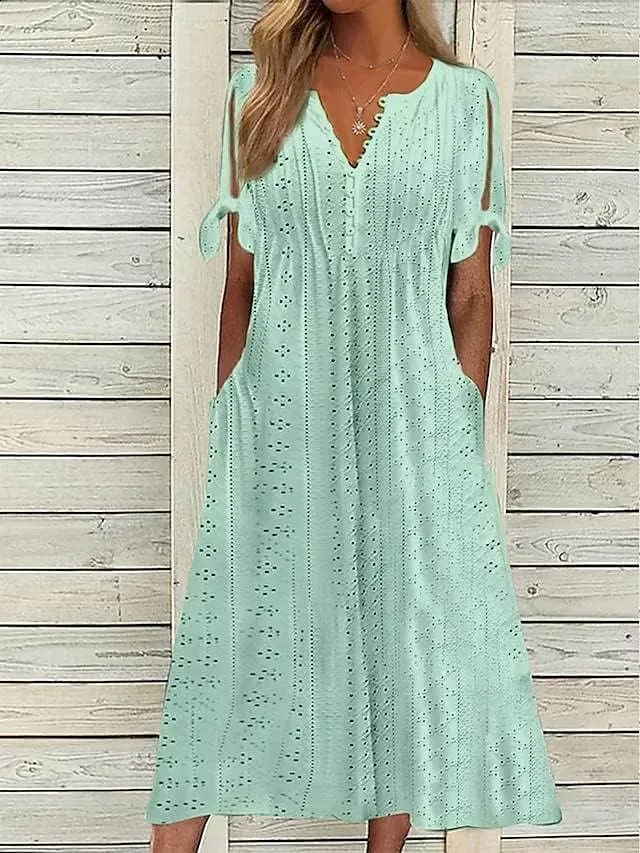 ZOCANIA Womens Boho Eyelet Pastel Dress Button V Neck Tie Knot Short Sleeve Vacation Beach Midi Dresses with Pockets