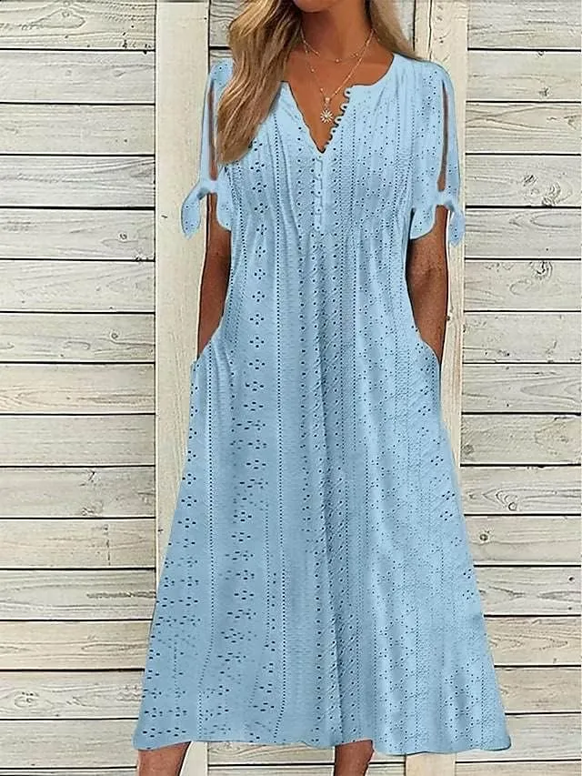ZOCANIA Womens Boho Eyelet Pastel Dress Button V Neck Tie Knot Short Sleeve Vacation Beach Midi Dresses with Pockets