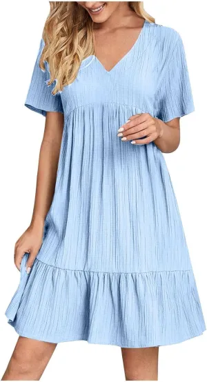 ZYXTIM Summer Dresses for Women 2025 V Neck Short Sleeve Casual Loose Flowy Swing Dress Plus Size Plain Boho Beach Sundress
