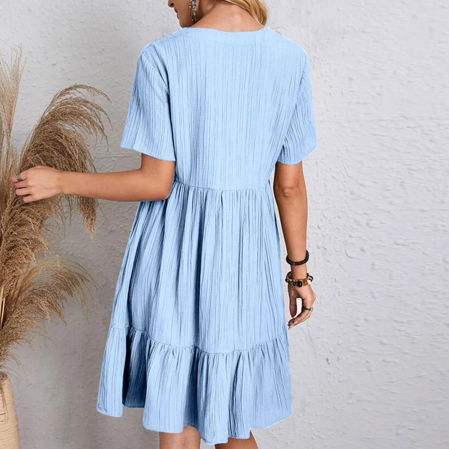 ZYXTIM Summer Dresses for Women 2025 V Neck Short Sleeve Casual Loose Flowy Swing Dress Plus Size Plain Boho Beach Sundress