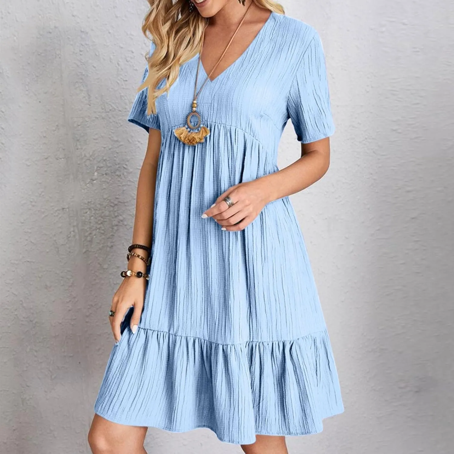 ZYXTIM Summer Dresses for Women 2025 V Neck Short Sleeve Casual Loose Flowy Swing Dress Plus Size Plain Boho Beach Sundress
